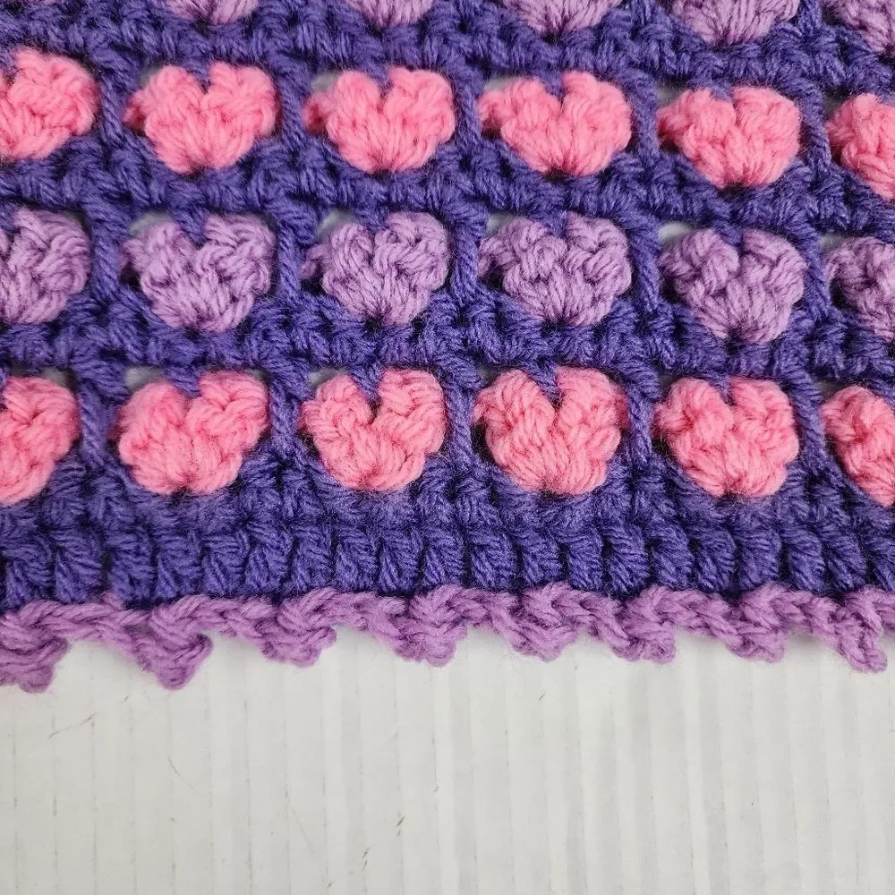 New Handmade Crochet Heart Lap Blanket Purple & Pink Ombre Hearts Throw